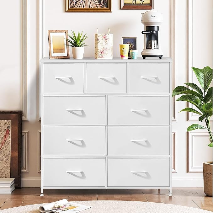 9-Drawer Dresser for Bedroom, Anti-Tip Tall Storage Organizer Chest of Drawers with Wooden Top and Metal Frame Fabric Bins for Closet, Living Room, Hallway, Entryway, White - Image 2
