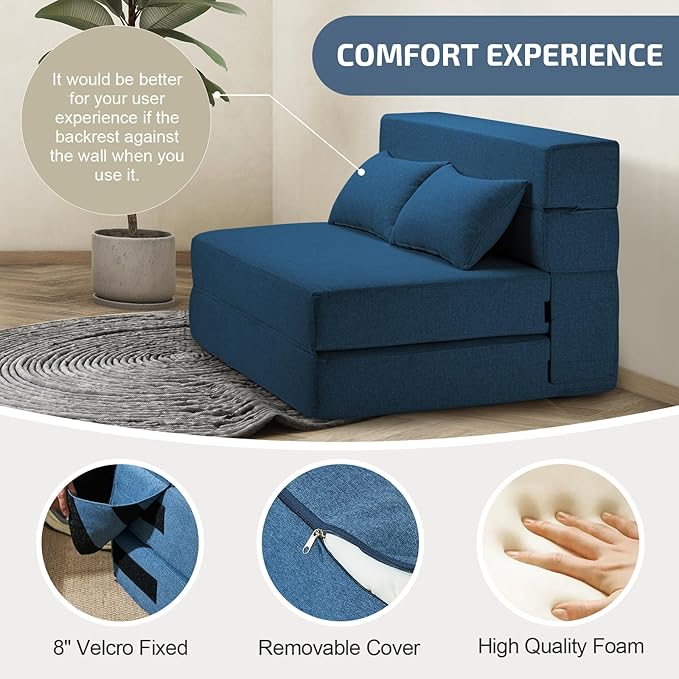 Folding Sofa Bed with Pillow- Convertible Chair Floor Couch & Sleeping Mattress, Foldable Memory Foam Sleeper for Living Room/Dorm/Guest Room/Home Office/Apartment/Loft,Twin,Navy Blue