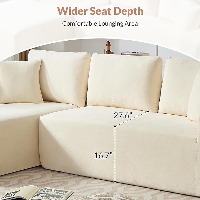 Rovibek Modular No Assembly Compression Sofa with 5 Pillows, L Shape Sectional Couch Deep Seat Couches with Chaise for Living Room, White