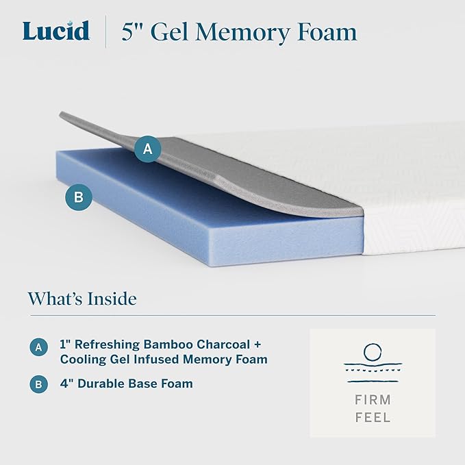 Lucid 5 Inch Memory Foam Mattress - Firm Feel - Infused with Refreshing Bamboo Charcoal and Cooling Gel - Bed in a Box - Temperature Regulating - Short Queen Size - RV or Camper Van Size