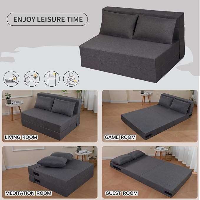 Folding Sofa Bed, Foldable Bed Sleeper Chair with Pillow, Convertible Sofa Bed with Washable Cover, Fold Out Couch, Futon Sofa Bed for Living Room, Dorm, Guest Room, Standard Size, Dark Grey
