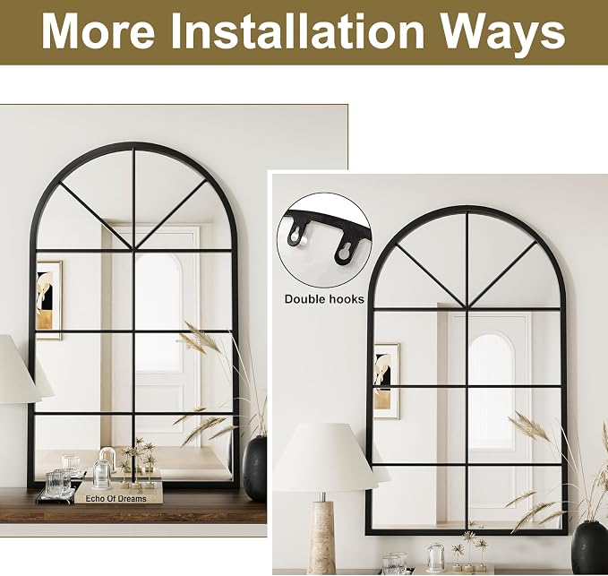 Rowjut Arched Wall Mirror Wall Decorative/Iron Framed Window Pane Mirrors,42" x 24" Window Mirror, Arched Top Wall Mirror for Entryway Living Room, Bedroom, Fireplace .(Deep Black) - Image 4