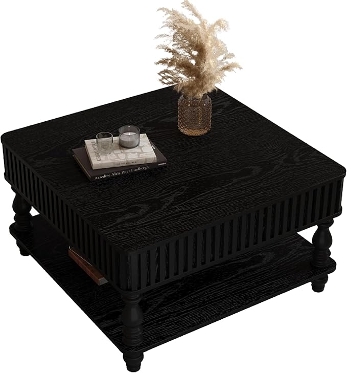 31.5" Square Lift Top Coffee Table with Storage Modern Fluted Coffee Tables with Lifting Top, Farmhouse Solid Wood Center Table with Table Legs for Living Room, Apartment or Office (Black)