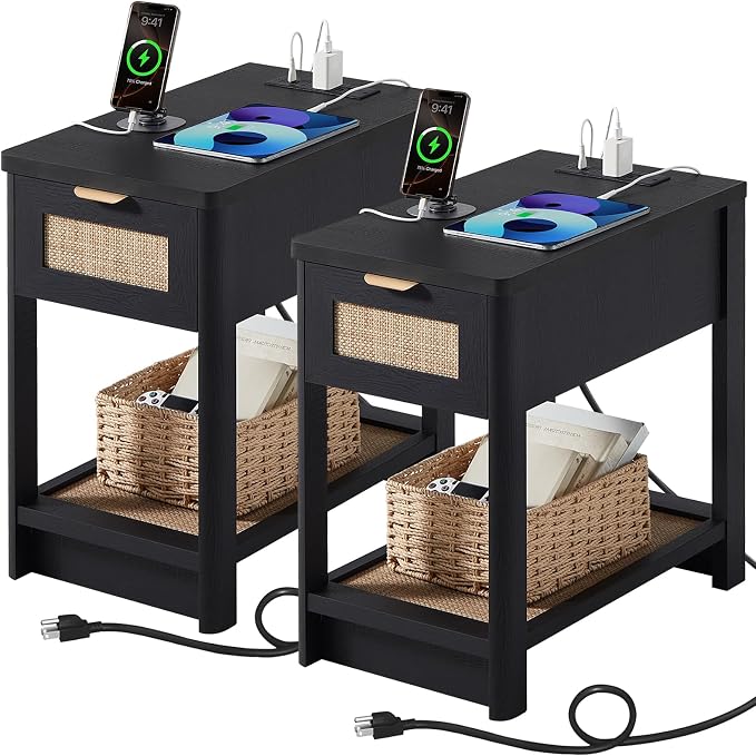 Lerliuo Narrow Night Stand Set of 2 with Charging Station, Boho Nightstand with Drawer, Bed Side End Table with Rattan Shelf for Small Spaces, Wood Nightstands Bedside Tables for Living Room Bedroom by Lerliuo