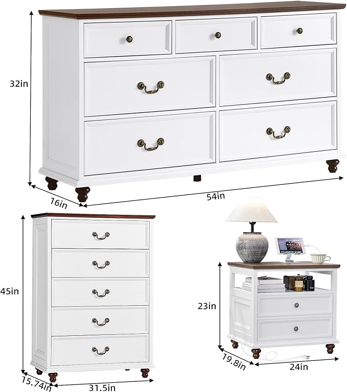 Joaxswe 24" Wide Farmhouse Nightstand with Charging Station Set of 2,54" 7 Drawers Dresser, 45" Tall Rustic Chests of 5 Drawers, Farmhouse Furniture Series for Bedroom,White
