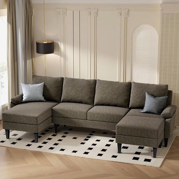 Sectional Couches for Living Room, Convertible 4 Seat Modular Sectional Sofa Set for Living Room, L Shaped Couch or U Shaped Couch with Ottoman for Apartment, Brown
