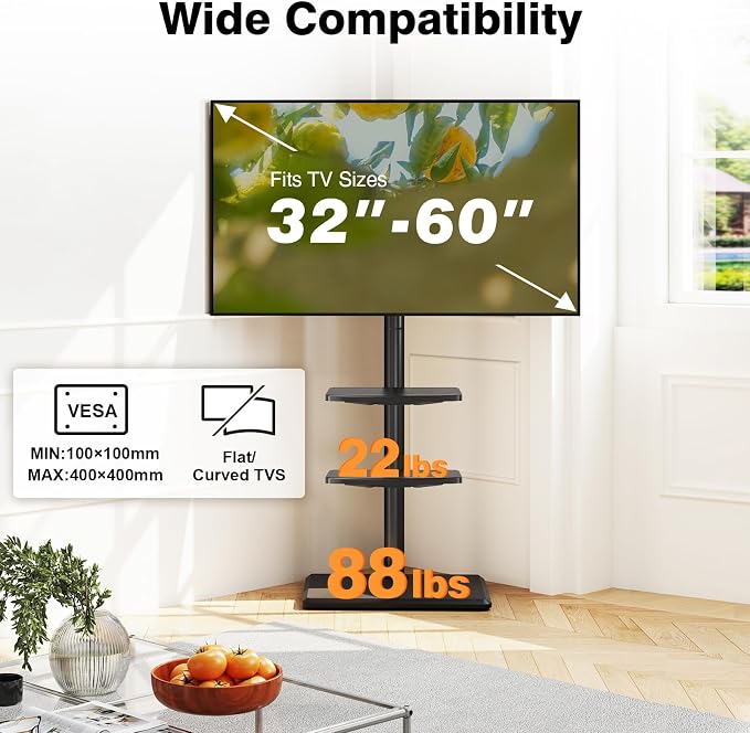 TVON Floor TV Stand with Mount for Most 32-60 Inch Flat/Curved TVs up to 88 lbs, Height Adjustable TV Mount Stand with Wood Base, Swivel TV Stand for Bedroom, Corner & Living Room, Max VESA 400x400mm - Image 7