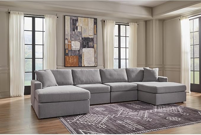 Signature Design by Ashley Modmax Stain Resistant Minimalist Modular Anti Sag 4-Piece Double Chaise Sectional with Reversible Cushions and 2 Accent Pillows, Light Gray