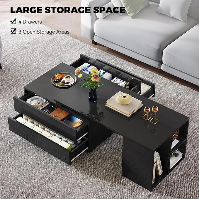 YITAHOME LED Coffee Table with Storage 4 Drawers, Modern Coffee Tables for Living Room, Wooden Rectangle Extendable Center Table with Open Shelves & Sliding Tabletop 35"- 61" for Home Office, Black