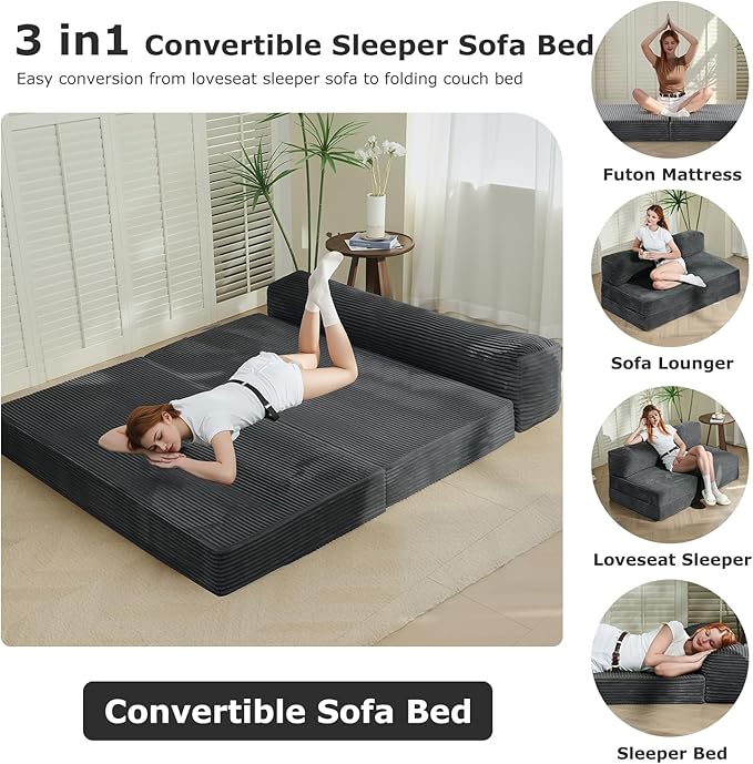 Folding Futon Sofa Bed Full Size, 6 inch Convertible Floor Couch Bed with Removable Corduroy Cover, Pull Out Couch for Small Spaces High-Density Foam,Grey