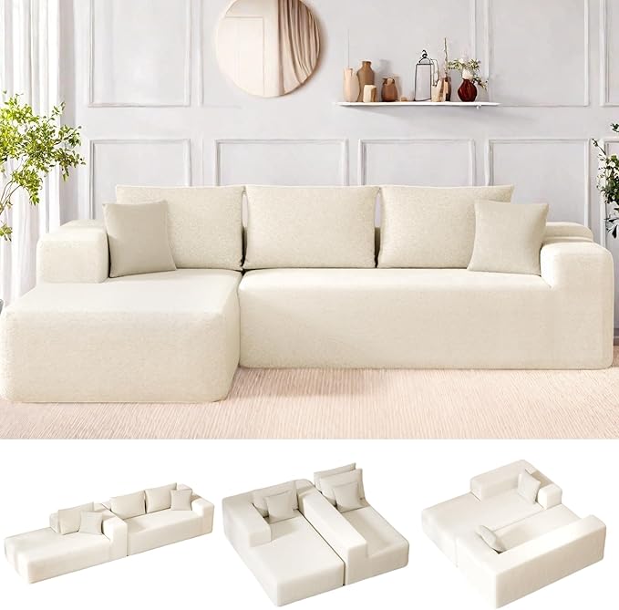 104” Sectional Cloud Couch, L-Shape Compressed Sofa with Right Chaise Lounge, Modular Cloud Couch with 2 Pillows & Deep Seat, Rain Drop Velvet Upholstered Floor Sofa for Living Room, Beige