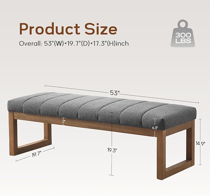 Zihanhome 52.7" Bedroom Bench for End of Bed, Modern Upholstered Teddy Fabric Entryway Bench & Dining Bench, Footrest Stool Bench with Solid Wood Frame for Bedroom, Living Room (Grey) - Image 2
