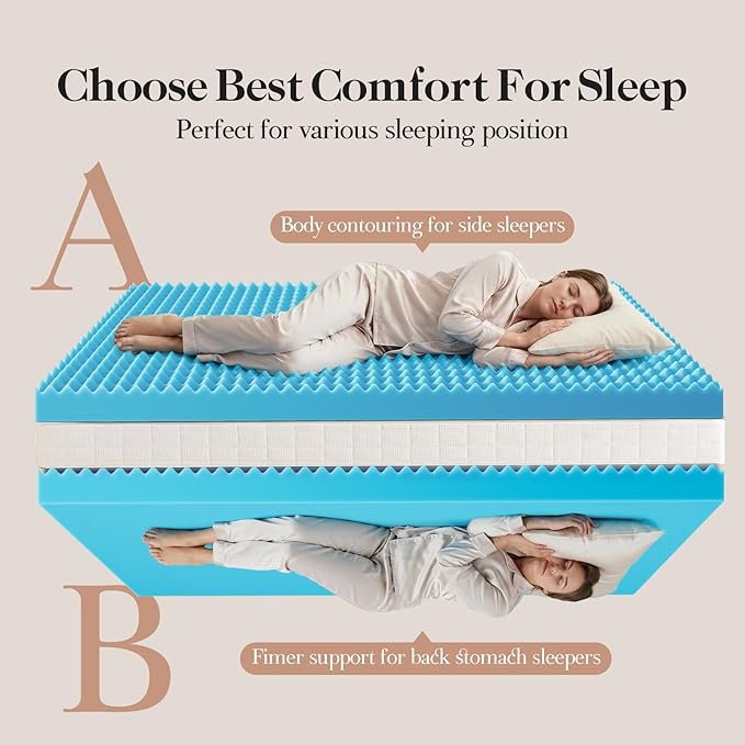 OhGeni Cooling 5 Inch Twin Size Dual Layer Mattress Topper, 3 Inch Egg Crate Gel Memory Foam, 2 Inch Soft Pillow Top Pad, Bedroom Cover for Kid Mattresses, Extra Comfortable Sleep and Back Pain Relief