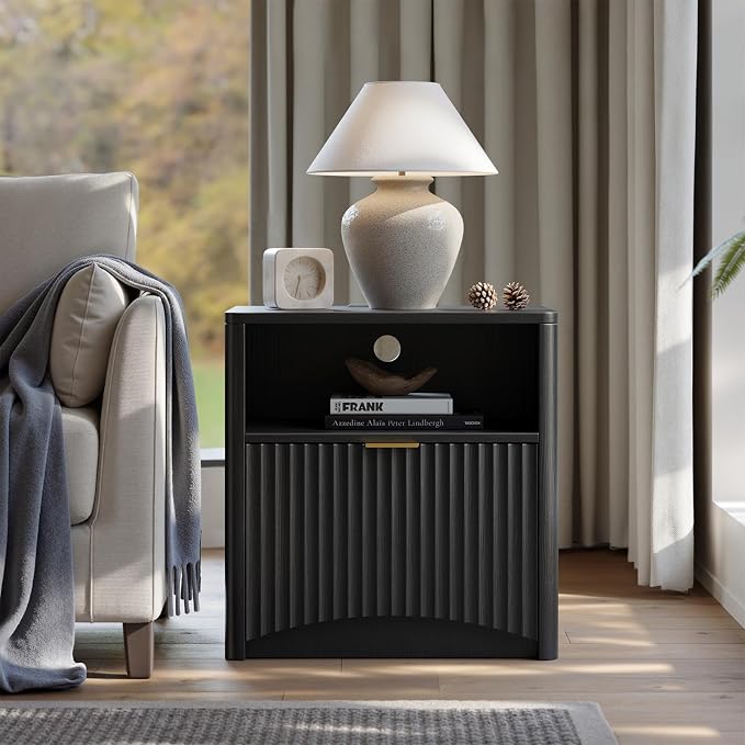 Evermagin Fluted Nightstand with Charging Station, Black Bedside Table with Drawer and Storage, Wood End Table Mid Century Modern, Large Night Stand for Bedroom - Image 7