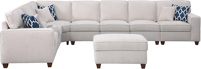 ERYE 151-Inch U-Shaped Sectional Sofa Chenille Upholstered Corner Convertible Sectional,9 PCS Modular Couch with Ottoman,Storage Console, Cupholders and Charging Station