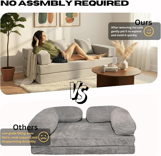 4-in-1 Folding Convertible Sofa Bed, 77" Floor Couch with Pillow - Chenille Fabric & High-Density Sponge & Fixed-Shape Frame, Modular Sofa for Living Room/Lounge/Studio, Light Grey