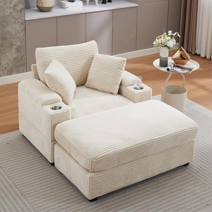 KEIKI Oversized Accent Chair with Ottoman, Chaise Lounge Chair Indoor with Handrail Storage, Cupholders, Oversized Sofa Bed, Deep Seat Sleeper Couch Reading Chairs for Living Room, Beige