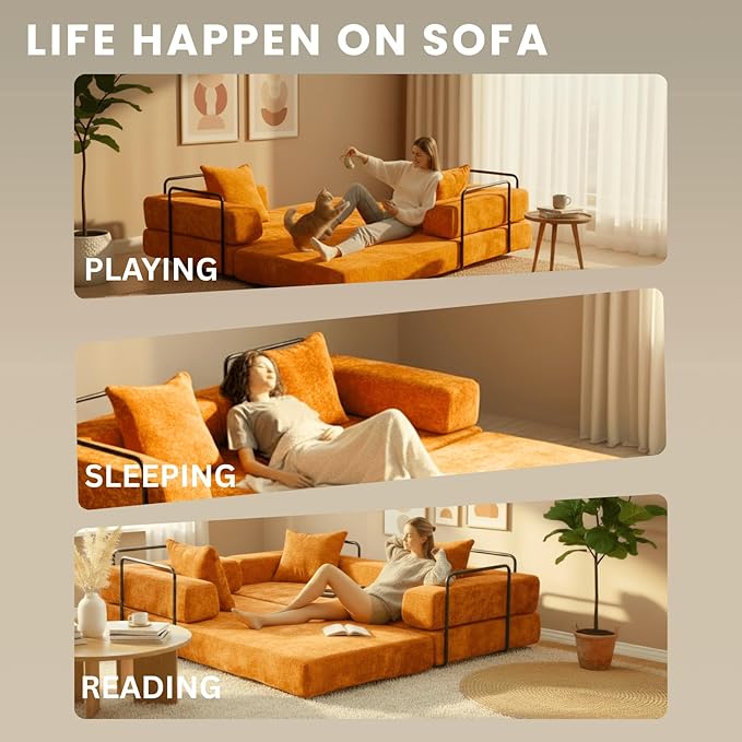 4-in-1 Folding Convertible Sofa Bed, 77" Floor Couch with Pillow - Chenille Fabric & High-Density Sponge & Fixed-Shape Frame, Modular Sofa for Living Room/Lounge/Studio, Orange