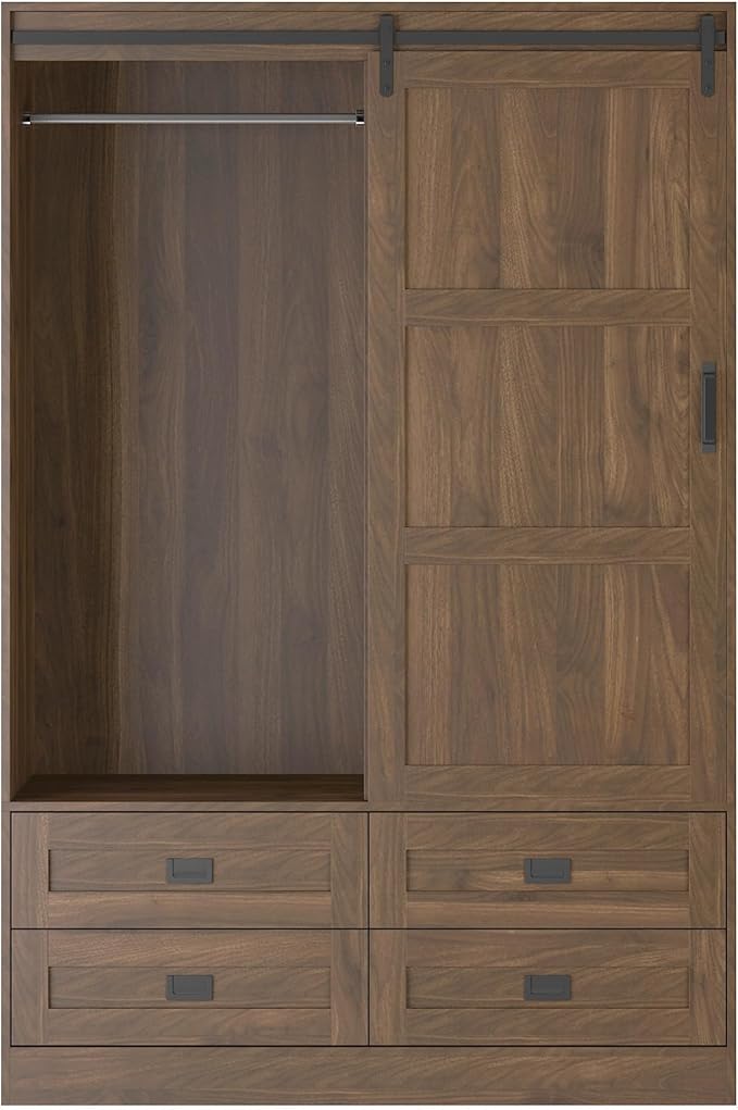 Wardrobe Closet with Sliding Barn Door, Tall Wooden Bedroom Armoire Wardrobe Closet Clothing Storage Cabinet with 4 Drawers, Adjustable Shelves and Hanging Rod, Clothes Cabinet for Bedroom, Brown