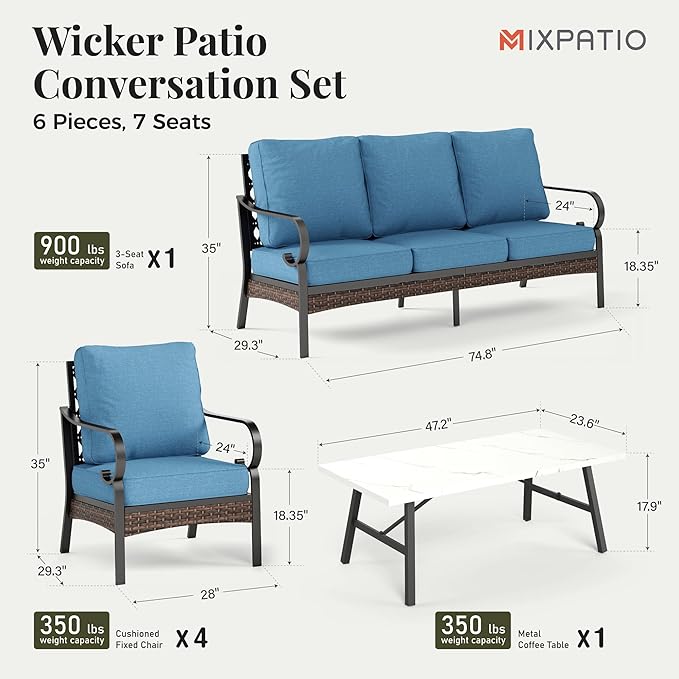 Patio Furniture Set with Coffee Table, Outdoor Conversation Set with 4 x Fixed Chairs, 1 x 3-Seat Sofa for Lawn Garden Backyard, Navy Blue
