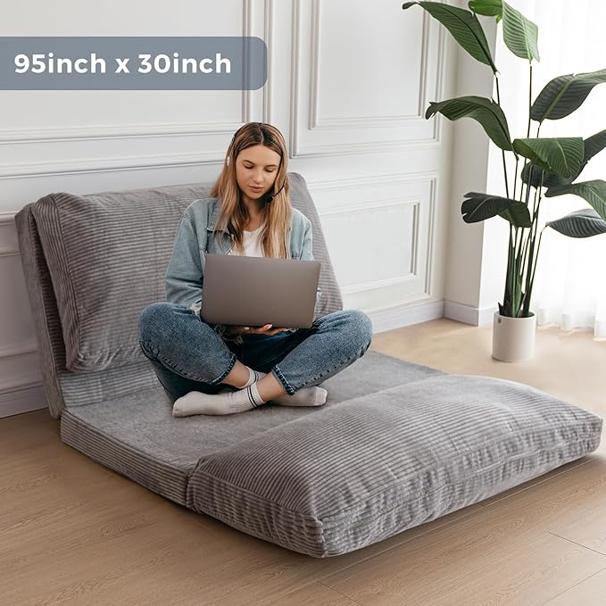 MAXYOYO Folding Sofa Bed, Extra Thick and Long Floor Sofa Convertible Sleeper Chair with Washable Cover, Floor Couch Lounge Bean Bag Bed for Living Room, Grey, 30x95 Inch