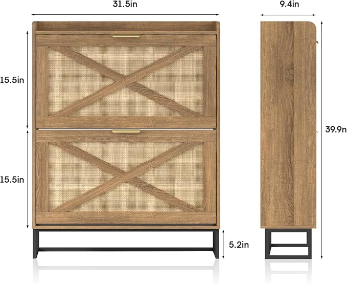 Maupvit Shoe Storage Cabinet with 2 Rattan Flip Drawers, Freestanding Organizer with Metal Legs for Entryway, Narrow Shoe Rack Cabinet, Hidden Golden Handles, Rustic Oak Rattan - Image 2