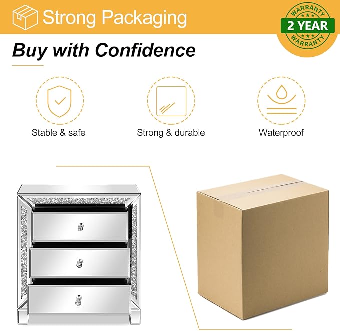 VINGLI Mirrored Nightstands Set of 2, 23" W Glass Mirror Night Stand Set of 2, Modern Bedside Table 3 Drawer Glass Side End Table Silver Dresser for Bedroom, 23”W x 13.8”D x 24.8”H - Image 7