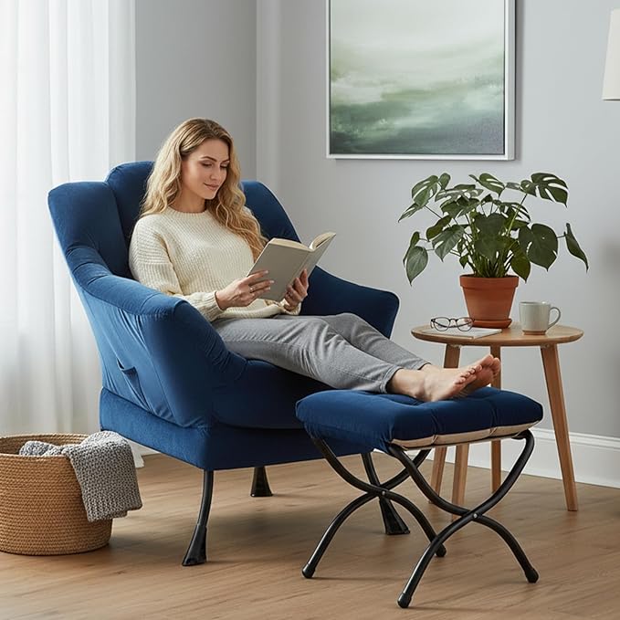 Lazy Chair with Ottoman, Modern Accent Chair Sofa Chair with Armrests, Reading Chair and Folding Footstool for Living Room, Bedroom, Office, Royal Blue