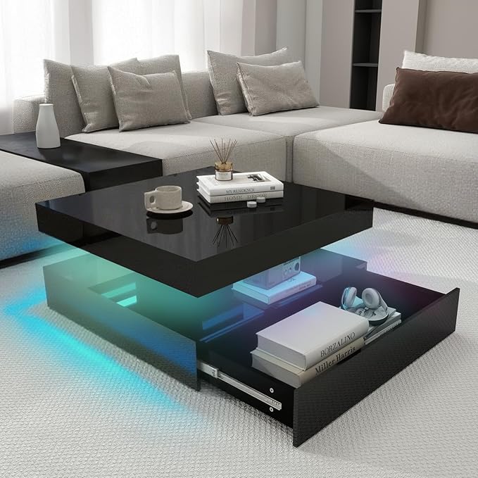 LED Coffee Table for Living Room, 2-Tier Modern Square Center Table with Music Sync Lights, High Gloss Surface, 30 3/4" x 30 3/4" (Black)