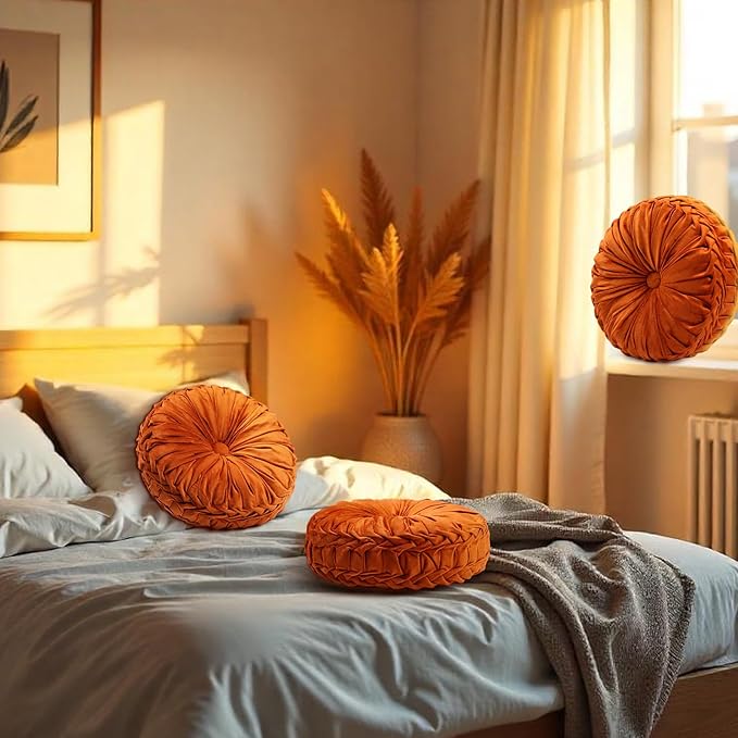 Beeveer 2 Pcs Round Throw Pillows 15 Inch Decorative Velvet Pleated Pumpkin Pillows Boho Floor Pillow with Center Button for Living Room Couch Chair Bed Sofa Home Decoration (Orange)