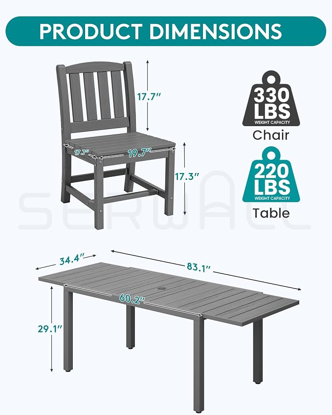 SERWALL Outdoor Dining Chairs Set of 2, All-Weather HDPE Patio Armless Chairs Suitable Outdoor Dining Table, Grey - Image 4