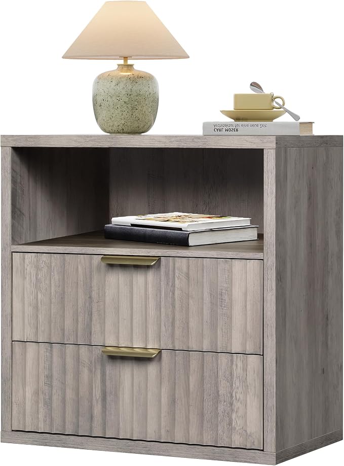 WLIVE Fluted Night Stand, Wood Nightstands with 2 Storage Drawers and Open Shelf, Mid Century Modern Bed Side Tables for Bedroom, Dorm, Greige - Image 6
