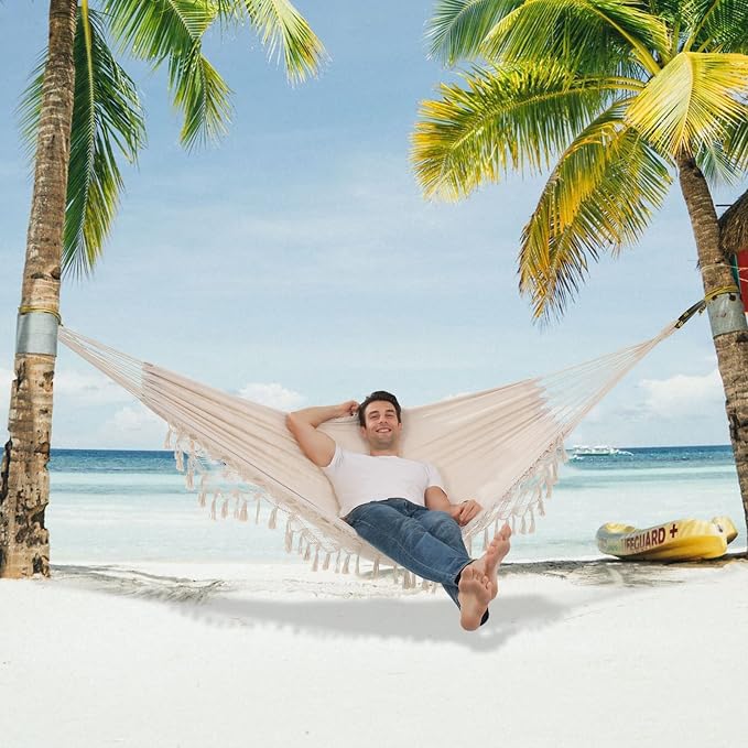 Hammock Hanging Swing Double Max 500lbs Macrame for Indoor Outdoor Patio Yard Garden (Beige) - Image 3