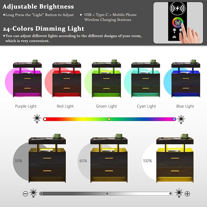 HNEBC Auto LED Nightstand with Wireless Charging Station & USB Ports,High Gloss Bedside Tables with 2 Drawers,Floating Nightstand with 3 Color & Adjustable Brightness for Bedroom,Black - Image 5