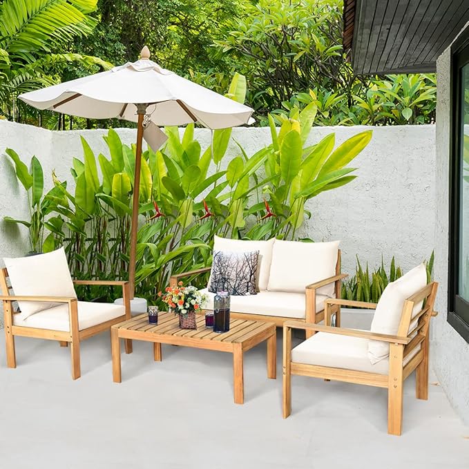 Tangkula Outdoor 8-Piece Acacia Wood Chat Set, 8 Seater Acacia Wood Conversation Sofa and Table Set with Water Resistant Cushions, Teak Finished (2, White)
