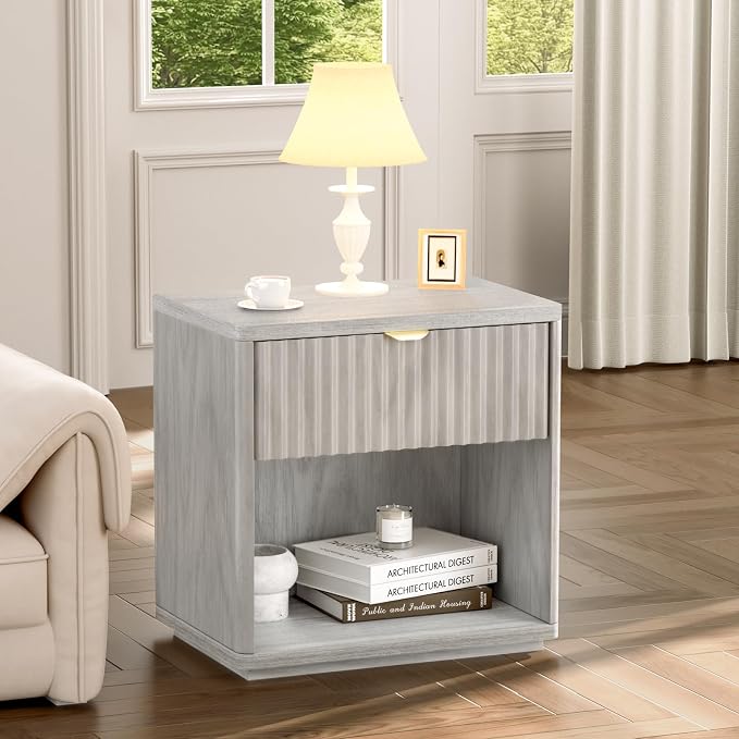 Night Stand, Nightstand with Drawers Bedside Table End Table, Modern Fluted Nightstand Bed Side Table for Bedroom Living Room (Gray) - Image 6