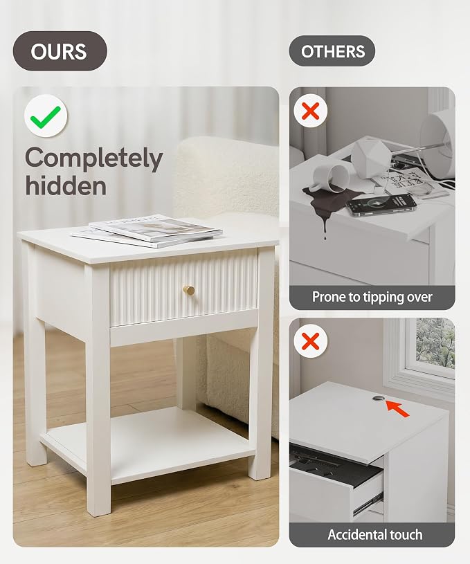 Night Stand with Gun Drawer, White Wood Bedside Table, Modern Farmhouse Side Table Bedroom Gun Safe with Hidden Compartment, Handgun Safe for Nightstands Simple Aesthetic End Table - Image 5