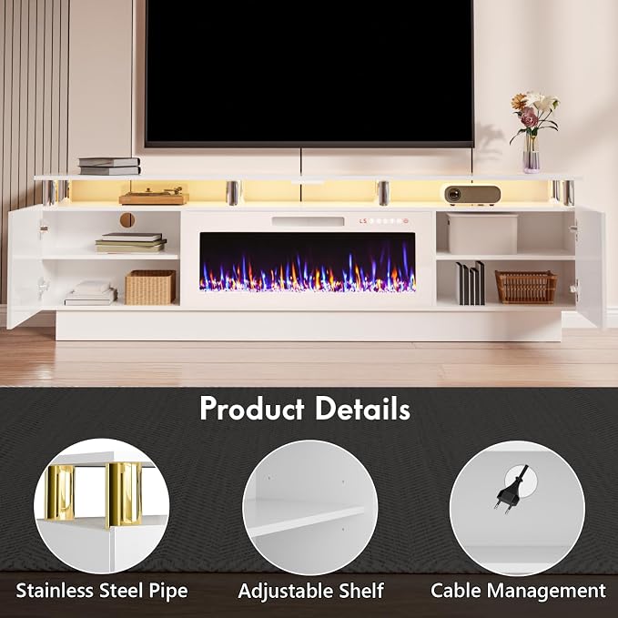 TAVATA 80" Fireplace TV Stand Up to 90" TVs, High Gloss Modern Entertainment Center with Storage for Living Room, Wood Media Console Cabinet with 36" Fireplace & Open Shelf, White - Image 4