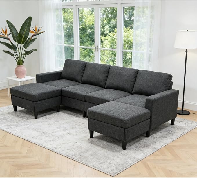 101" L-Shape Modular Sectional Couch, Convertible Linen Couch with 2 Ottomans, Modern 4 Seater Upholstered Modular Sectional Sofa for Apartment, Living Room, Charcoal Black