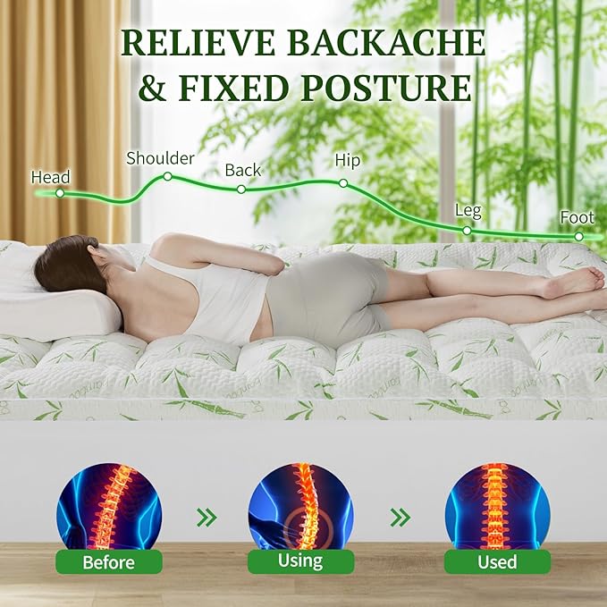 LIANLAM 3 Inch Mattress Topper Queen Size - 1500GSM 3D+7D Down Alternative Fill Pillow Top Mattress Pad, Viscose Made from Bamboo Cover, Extra Firm for Back Pain, 6"-18" Deep Pocket (60"x80")