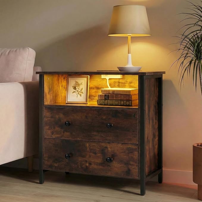 27 Inch Wide Night Stand, Large Wood Night Stand with 2 Drawers, LED Nightstand with Charging Station and Adjustable Drawer, Bedside Table for Living Room/Bedroom/Study/Office, Retro. - Image 7