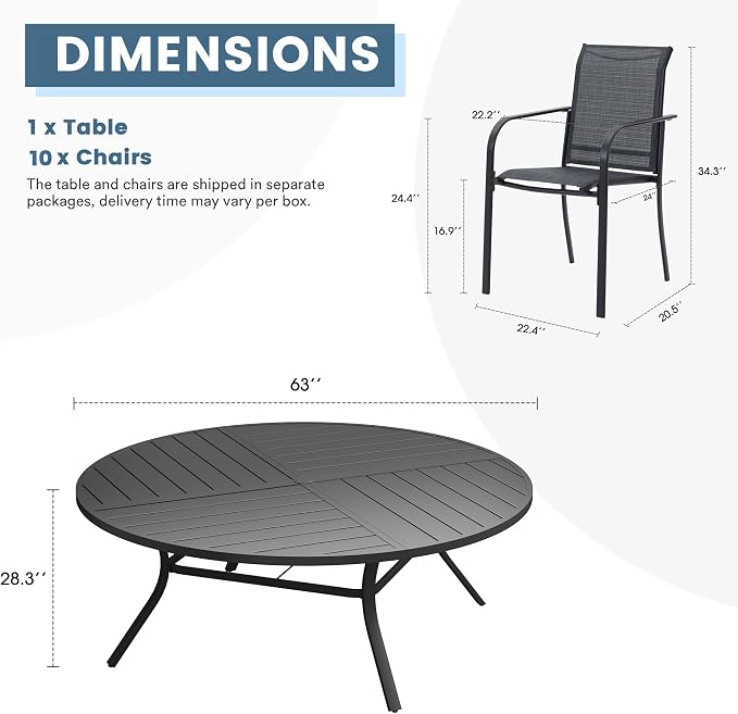 DIFY 11 Pieces Outdoor Patio Dining Set for 10, 63" Black Round Metal Patio Table and 10 Grey Stackable Textilene Patio Chairs, Outdoor Table and Chairs for Backyard Garden Poolside - Image 8