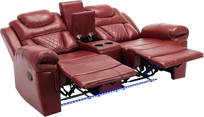 ERYE 73-Inch Oversized Manual Reclining Sofa with LED Strip and Cupholders for Living Room Home Theater, Multifunctional Faux Leather Loveseat Manual Recliner Couches | Storage Console