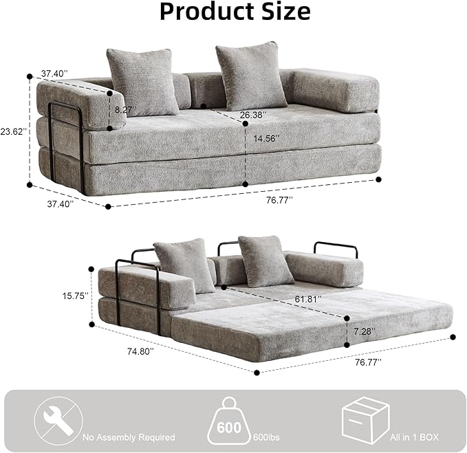 Convertible Floor Sofa Bed, Fold Out Floor Couch with Pillow Back & Armrest, Compressed Couch with Fixed-Shape Frame, Chenille Foldable Sleeper Sofa Bed for Living Room Bedroom, Light Grey