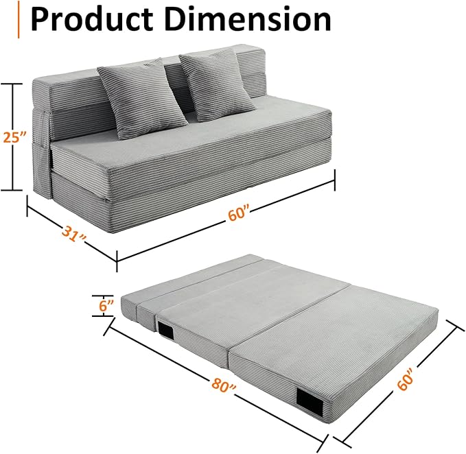 Queen Size Folding Sofa Bed - 4 in 1 Convertible Sleeper Chair with Two Pillows - High Density Memory Foam Futon Couch - Foldable Bed for Living Room Bedroom (Dark Grey)