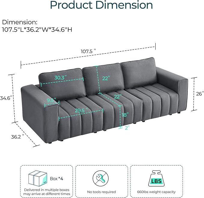 LINSY HOME 107" Modern Sofa Couches for Living Room, Modular Sectional Loveseat Sofa with Anti Cat Stretch Fabric and Metal Frame, Comfy 3 Seater Loveseat Oversized, Easy Assembly, Grey