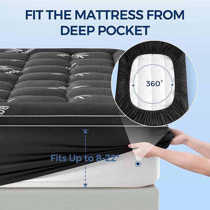 Mattress Topper Full Size, Cooling Extra Thick Breathable Viscose Made from Bamboo Mattress pad, Soft Quilted Fitted Mattress Cover with 1000 GSM Down Alternative Fill (8-21”Deep Pocket) Dark Gray