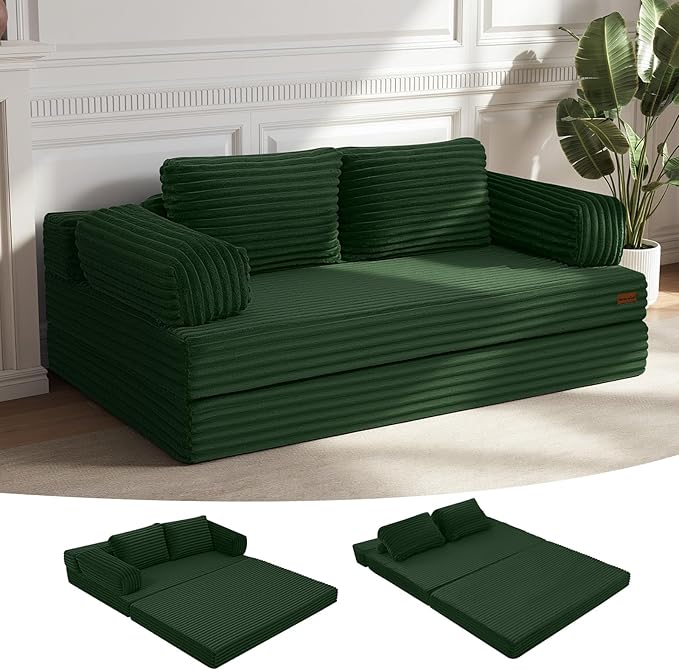 MeMoreCool Convertible Sofa Bed, Folding Floor Couch Bed Queen, Pull Out Sleeper Couch with Pillows, Fold Out Futon Sofa for Bedroom Living Room Small Space, Corduroy Beige