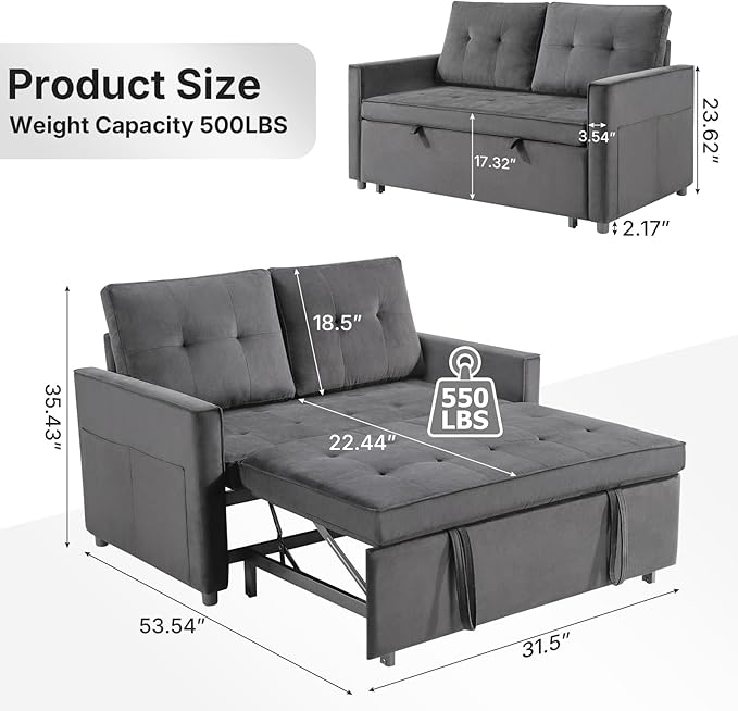 Rovibek 3-in-1 Velvet Sleeper Sofa Bed, Convertible Pull Out Couch for Living Room with Adjustable Backrest, Side Pockets, Velvet Fabric Loveseat Sofa for Apartment, Grey