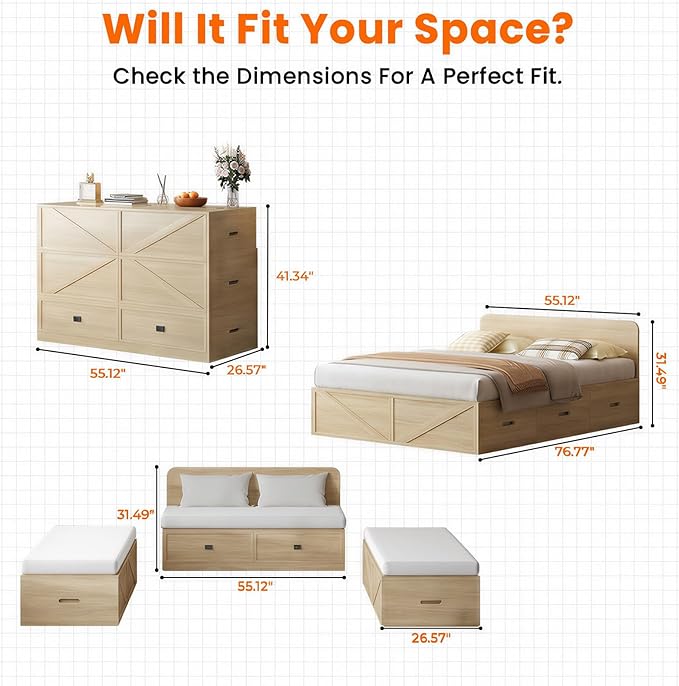 CECER Full Size Murphy Bed with Mattress Include，Murphy Bed Full with Storage Drawers，Multi-Functional Desgin that Converts to Sofa Set for Small Spaces/Guest Room/Bedroom（Natural Wood）